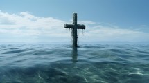 Cross covered in seaweed in the ocean