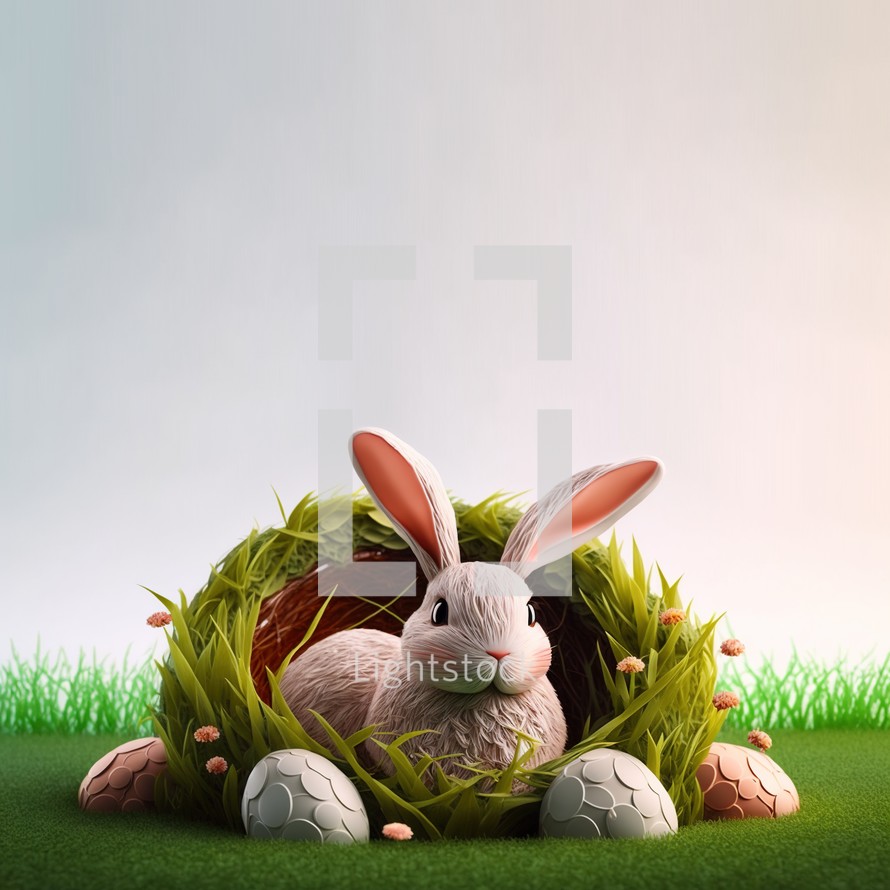 Bunny and decorative eggs on green lawn and flowers for easter holiday celebration background