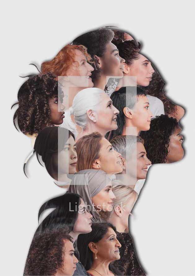 international women's rights day - woman's silhouette filled with diverse woman's faces