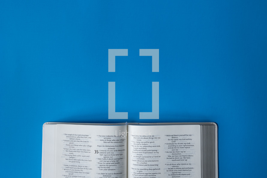 open Bible on vibrant blue