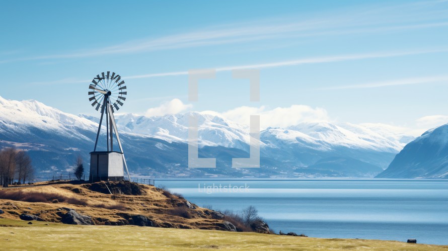 Windmill next to water and mountains