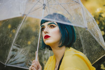 a woman standing under an umbrella 