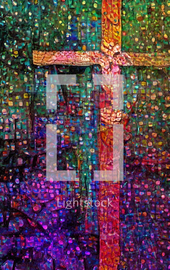 colorful mosaic cross art in orange, green and purple - combo of my cross artwork, AI input and further editing