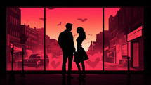 Couple on a red, urban background with hearts