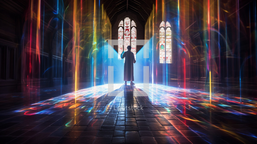 Priest standing in coloful light
