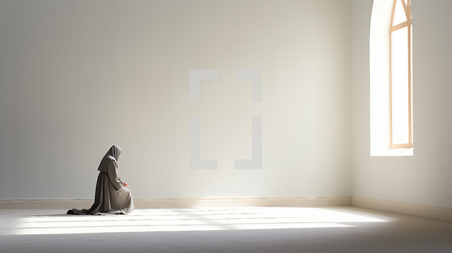 Nun praying in the sunlight