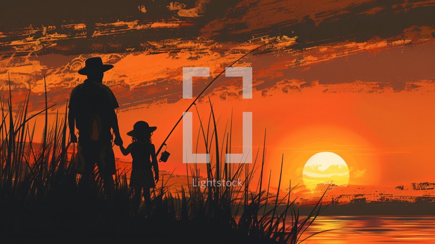 Father and Child Fishing At Sunset