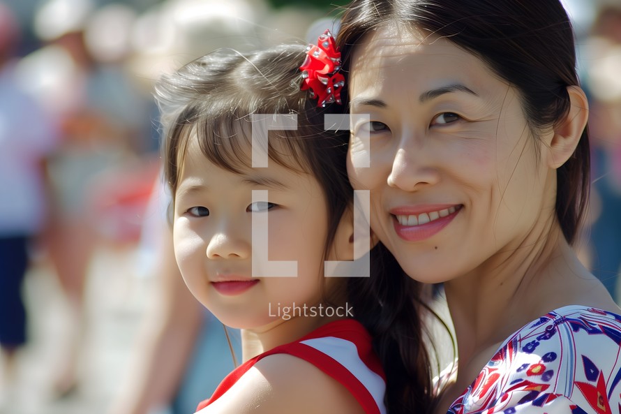 Asian mother and daughter at a Fourth of July celebration