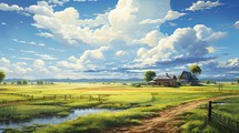 Painting of a grassy rural field and house