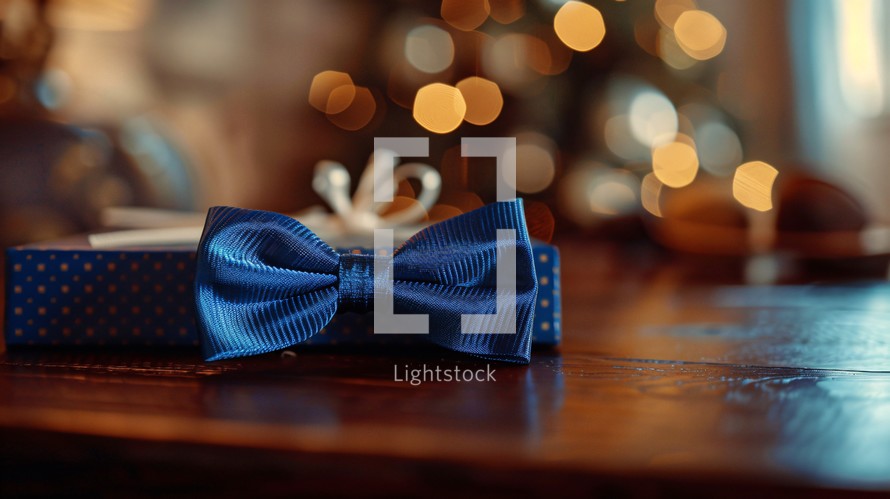 Blue bow tie on a wood table