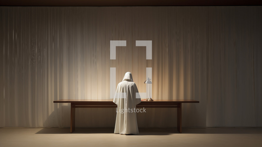 Priest in white at wooden table