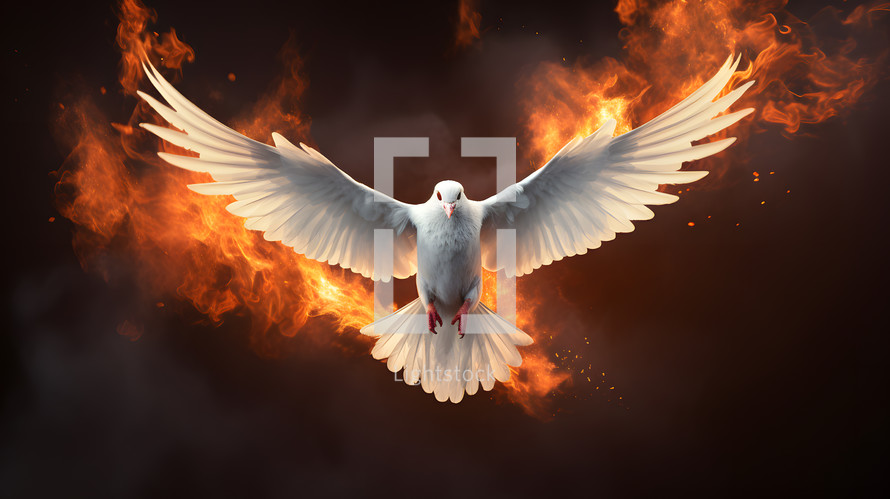 A dove with outstretched wings with fire