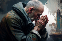 Oil painting of a older man in prayer 