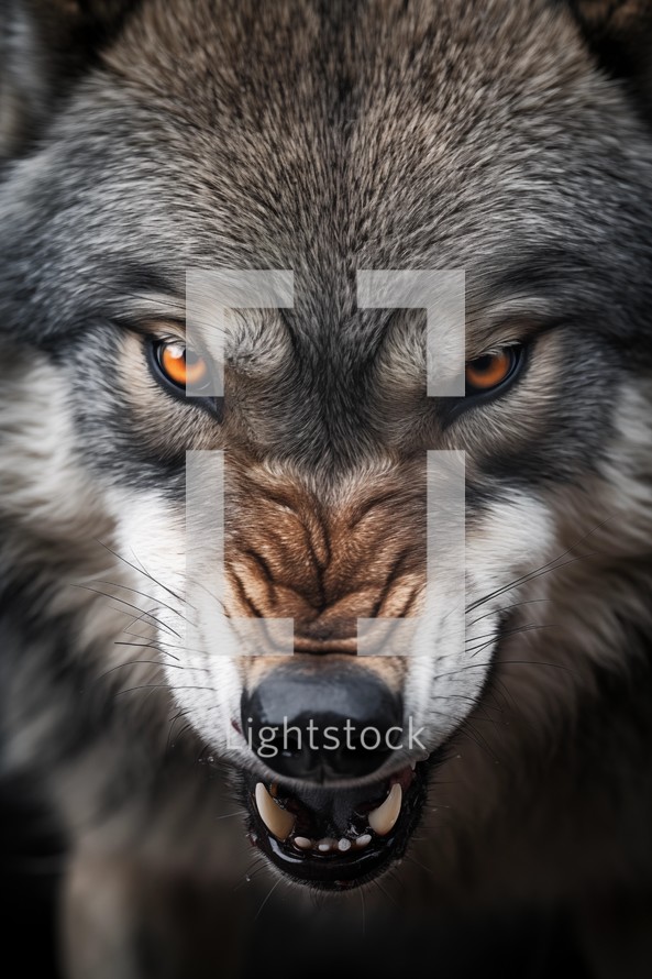 Snarling wolf face closeup shot
