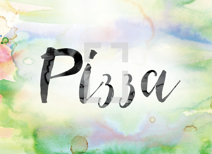 word pizza on watercolor background 