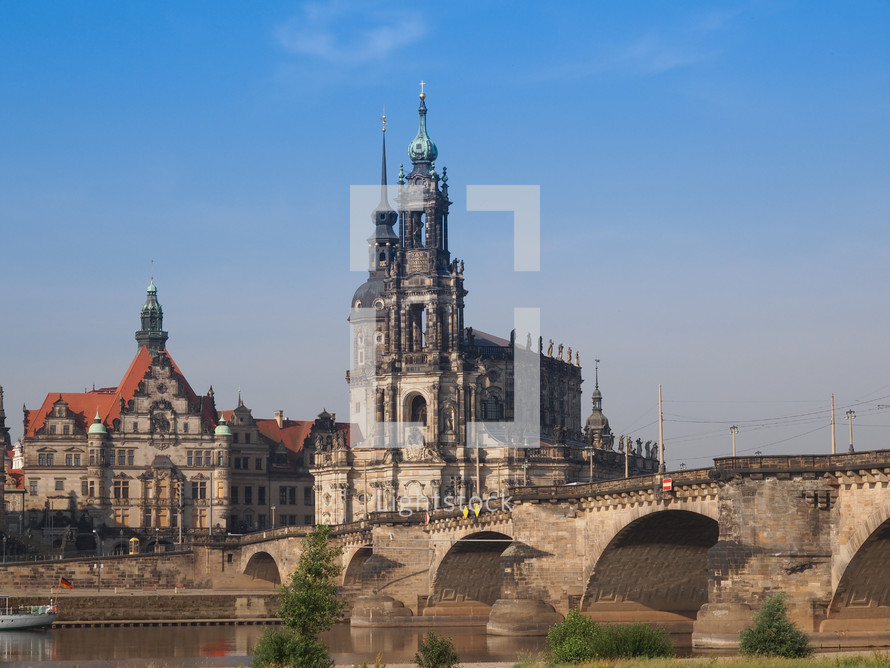 Dresden Cathedral of the Holy Trinity aka Hofkirche Kathedrale Sanctissimae Trinitatis in Dresden Germany seen from the Elbe river