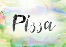 word pizza on watercolor background 