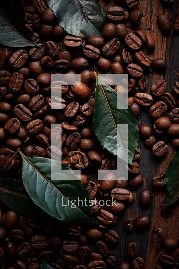 Coffee beans with leaves on a rustic wood background