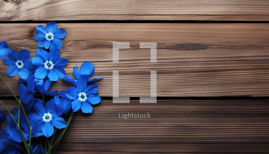 Blue flowers on a wooden background. Place for your text. View from above.