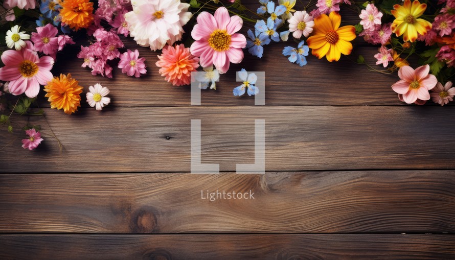 Colorful flowers on wooden background. Top view with copy space.