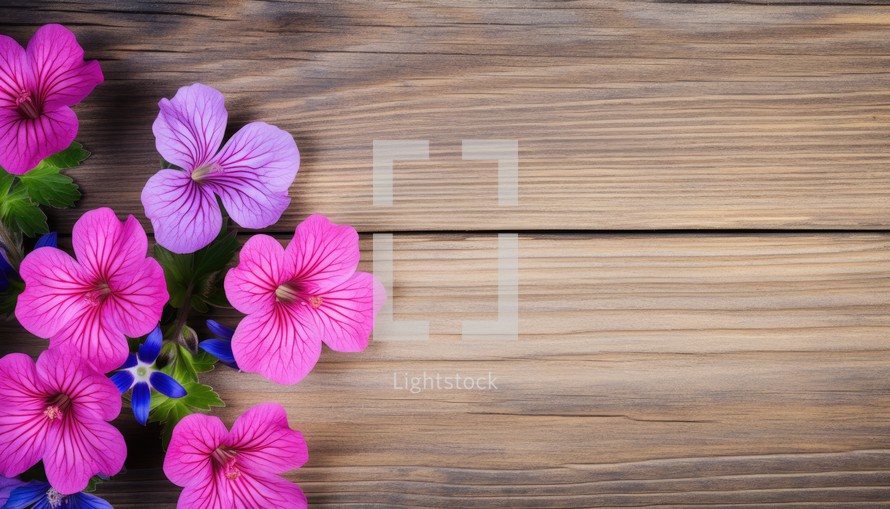 Geranium flowers on wooden background. Top view with copy space.