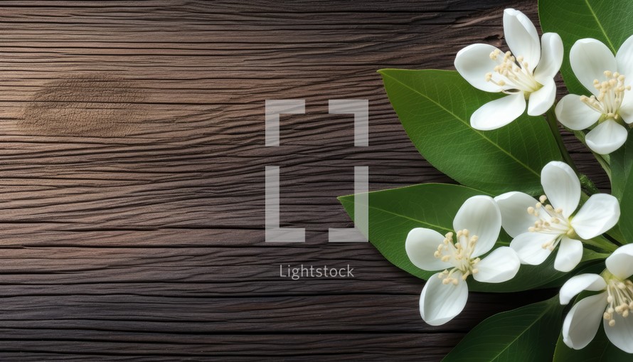 Jasmine flowers on wooden background. Top view with copy space