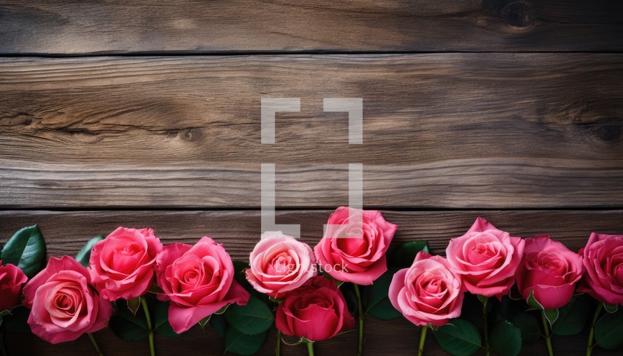 Pink roses on wooden background. Valentines day greeting card. Top view with copy space