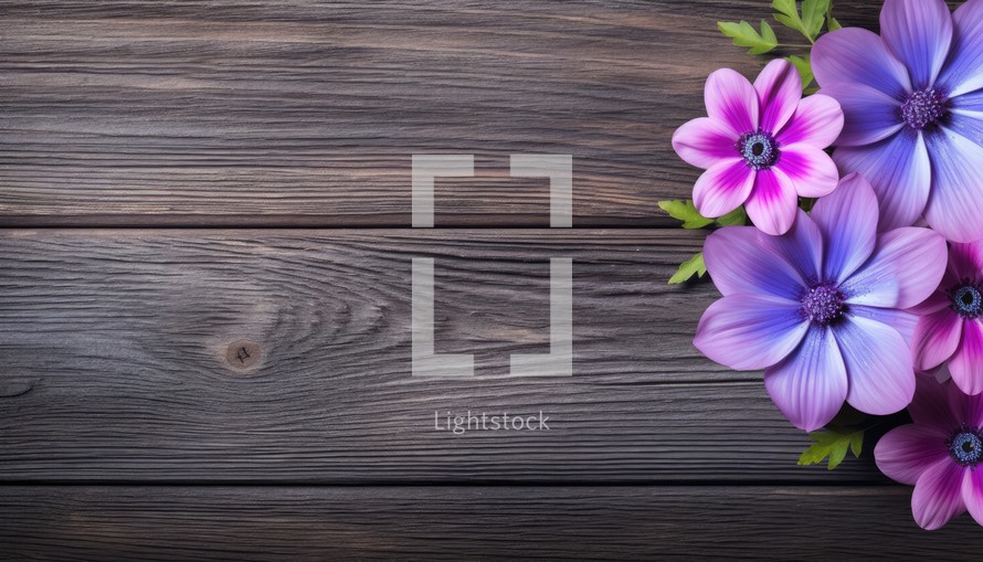 Beautiful flowers on a wooden background. Place for your text.