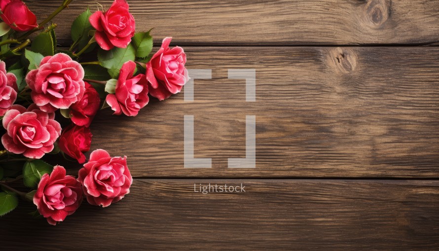 Bouquet of red roses on wooden background. Top view with copy space