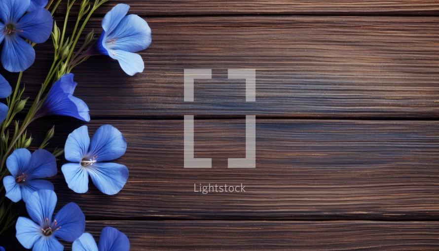 Blue flowers on brown wooden background. Top view with copy space.