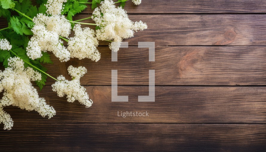 White flowers on a wooden background. Top view with copy space.