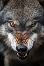 Snarling wolf face closeup shot