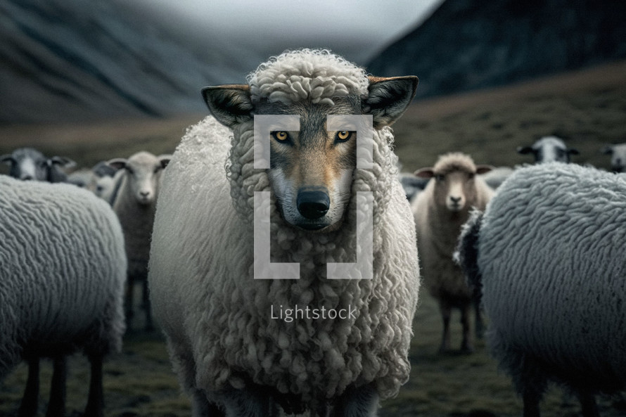 A wolf in sheep's clothing standing among the sheep on a hill.