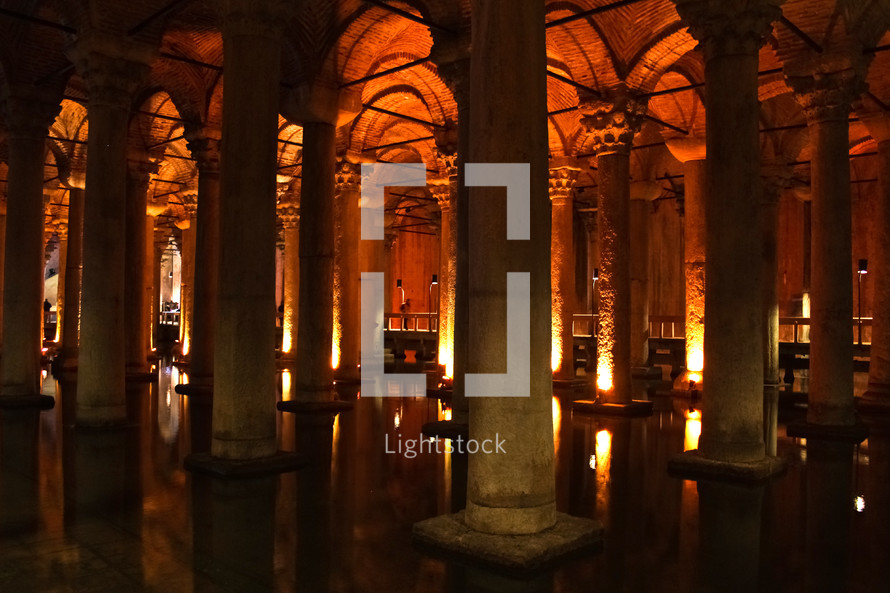 columns and lights in the Basilica Cistern in Istanbul, Turkey.