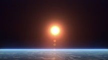 Earth blue horizon from space. Sun sphere over the Earth. 3D Animation	