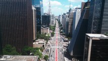 Aerial drone shot of Avenida Paulista, commercial center of the city of São Paulo.
