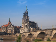 Dresden Cathedral of the Holy Trinity aka Hofkirche Kathedrale Sanctissimae Trinitatis in Dresden Germany seen from the Elbe river