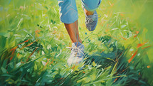 Illustration of person running through green grass