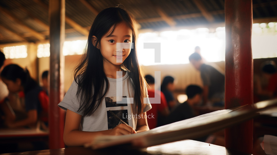Little Asian girl sitting in Classroom at School.