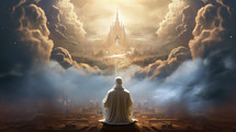 Seated Pope in prayer towards the surrounding clouds