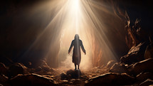Christ walking out of his tomb guided by God's light 