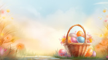 Colored eggs in a basket for Easter with a light blue background