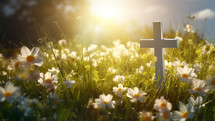 Spring Cross In Grass With Flowers