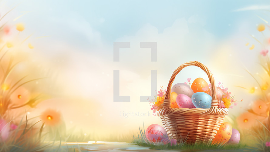 Colored eggs in a basket for Easter with a light blue background