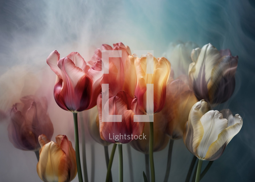 Tulips in a transparent diaphanous ethereal fog