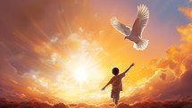 Child And Easter Dove In Orange Sky