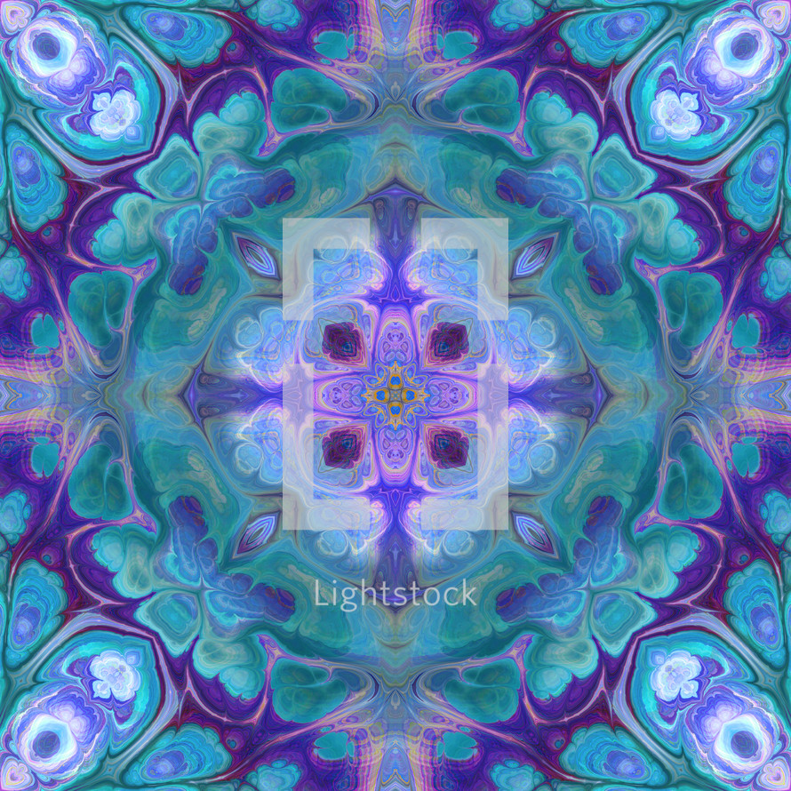 turquoise, purple, white, medallion kaleidoscope with cross shape center