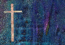 abstract art random irregular dots on teal blue purple and cross