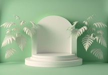 3d realistic illustration of pastel green podium with leaf around for product podium