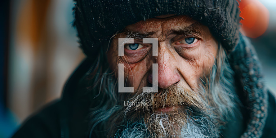 Old homeless man with beard looks at camera
